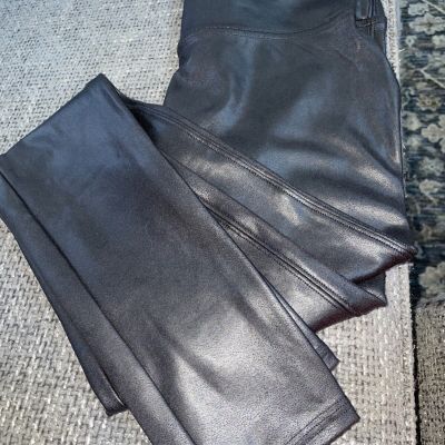 SPANX Faux Leather Shiny LEGGINGS Sz Medium Black Pull On Yoga Casual Athliesure